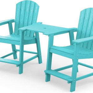 YEFU Tall Adirondack Chair Set of 2, Balcony Chair with Connecting Table, Poly Lumber Adirondack Chair, Patio Bar Stools, 380lbs, Weather Resistant for Outdoor Deck Lawn Pool-Aruba Blue