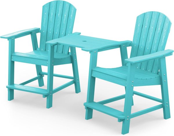 YEFU Tall Adirondack Chair Set of 2, Balcony Chair with Connecting Table, Poly Lumber Adirondack Chair, Patio Bar Stools, 380lbs, Weather Resistant for Outdoor Deck Lawn Pool-Aruba Blue