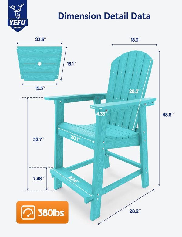 YEFU Tall Adirondack Chair Set of 2, Balcony Chair with Connecting Table, Poly Lumber Adirondack Chair, Patio Bar Stools, 380lbs, Weather Resistant for Outdoor Deck Lawn Pool-Aruba Blue - Image 2