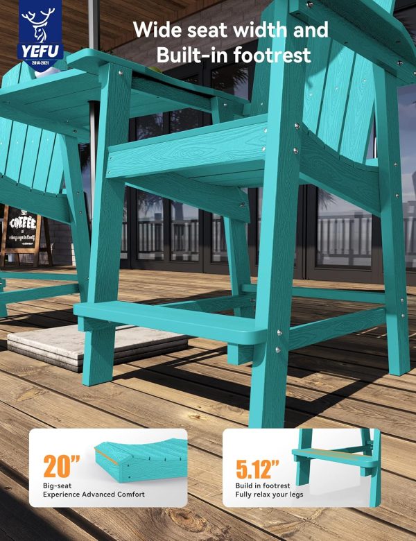 YEFU Tall Adirondack Chair Set of 2, Balcony Chair with Connecting Table, Poly Lumber Adirondack Chair, Patio Bar Stools, 380lbs, Weather Resistant for Outdoor Deck Lawn Pool-Aruba Blue - Image 5