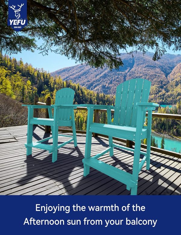 YEFU Tall Adirondack Chair Set of 2, Balcony Chair with Connecting Table, Poly Lumber Adirondack Chair, Patio Bar Stools, 380lbs, Weather Resistant for Outdoor Deck Lawn Pool-Aruba Blue - Image 7