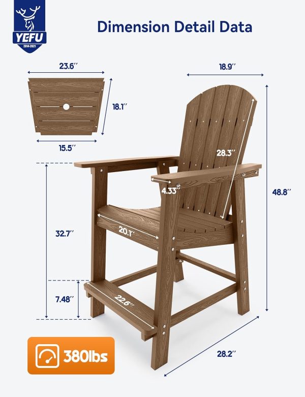 YEFU Tall Adirondack Chair Set of 2, Balcony Chair with Connecting Table, Poly Lumber Adirondack Chair, Patio Bar Stools, 380lbs, Weather Resistant for Outdoor Deck Lawn Pool-Aruba Blue - Image 16