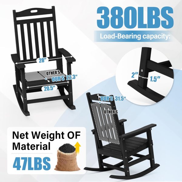 YEFU Outdoor Rocking Chair Oversized,Seat Depth 22",Backrest Height 31",Patio Poly Wide Rocker Chair with 380lbs Weight Capacity,Weather Resistant,for Lawn, Porch, Backyard, Indoor and Garden(Black) - Image 4