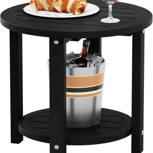 YEFU Outdoor Side Table 2-Tier HIPS Adirondack Patio End Tables Weather Resistant Small Coffee Table (Black, 1PC)