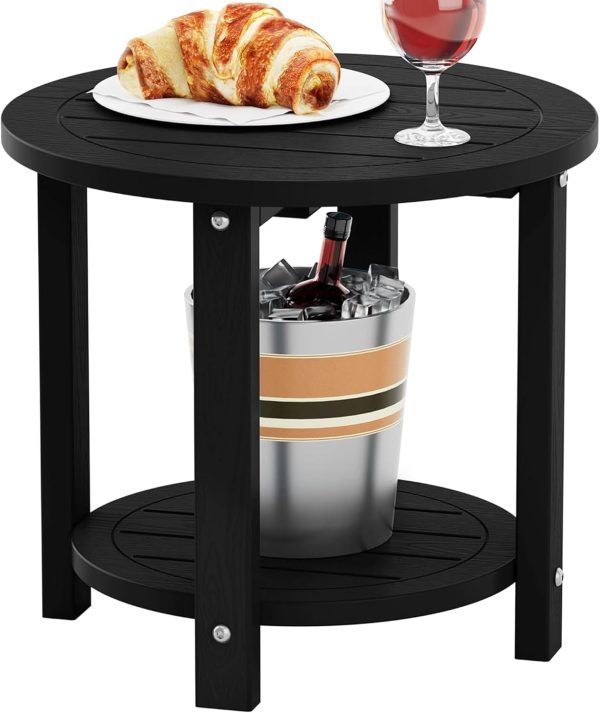 YEFU Outdoor Side Table 2-Tier HIPS Adirondack Patio End Tables Weather Resistant Small Coffee Table (Black, 1PC)