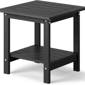 YEFU Outdoor Side Table for Patio: 16x16 in HIPS Small Square Outdoor End Table - 2-Tier Adirondack Tables for Patio Porch Poolside Living Room Beach Bedroom, Black