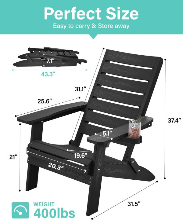 YEFU Folding Oversized Adirondack Chair: Heavy Duty Adirondack Chairs with Comfort Arc Backrest & Cup Holder - All Weather HIPS Plastic Fire Pit Chair for Outdoor Patio Lawn Garden Teak - Image 26