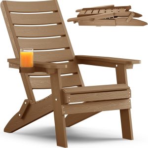 YEFU Folding Oversized Adirondack Chair: Heavy Duty Adirondack Chairs with Comfort Arc Backrest & Cup Holder - All Weather HIPS Plastic Fire Pit Chair for Outdoor Patio Lawn Garden Teak