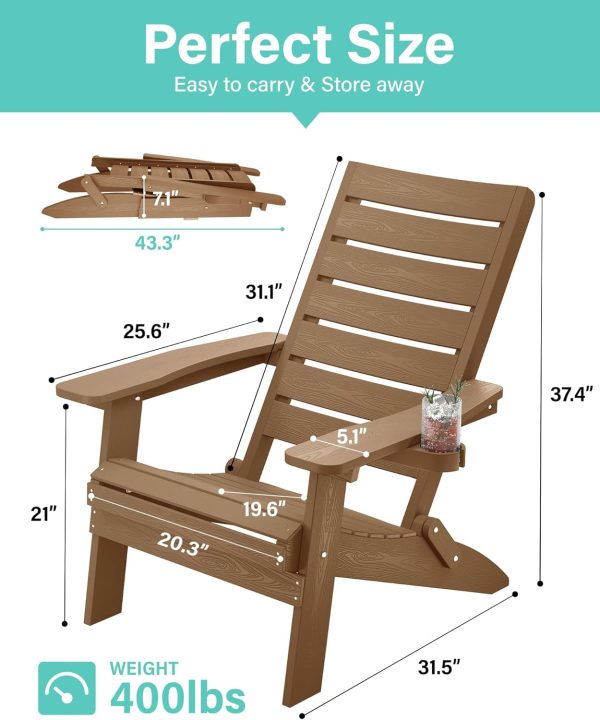 YEFU Folding Oversized Adirondack Chair: Heavy Duty Adirondack Chairs with Comfort Arc Backrest & Cup Holder - All Weather HIPS Plastic Fire Pit Chair for Outdoor Patio Lawn Garden Teak - Image 2