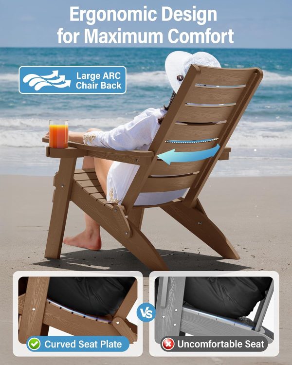 YEFU Folding Oversized Adirondack Chair: Heavy Duty Adirondack Chairs with Comfort Arc Backrest & Cup Holder - All Weather HIPS Plastic Fire Pit Chair for Outdoor Patio Lawn Garden Teak - Image 3