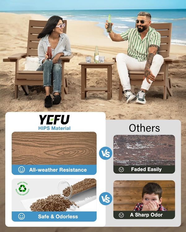 YEFU Folding Oversized Adirondack Chair: Heavy Duty Adirondack Chairs with Comfort Arc Backrest & Cup Holder - All Weather HIPS Plastic Fire Pit Chair for Outdoor Patio Lawn Garden Teak - Image 4