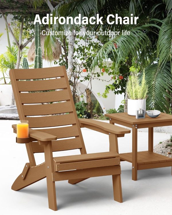 YEFU Folding Oversized Adirondack Chair: Heavy Duty Adirondack Chairs with Comfort Arc Backrest & Cup Holder - All Weather HIPS Plastic Fire Pit Chair for Outdoor Patio Lawn Garden Teak - Image 6