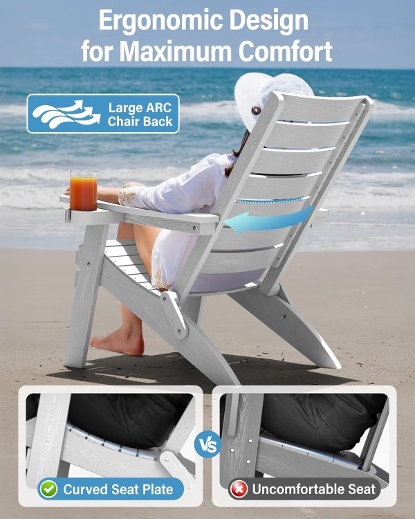 YEFU Folding Oversized Adirondack Chair: Heavy Duty Adirondack Chairs with Comfort Arc Backrest & Cup Holder - All Weather HIPS Plastic Fire Pit Chair for Outdoor Patio Lawn Garden Teak - Image 9
