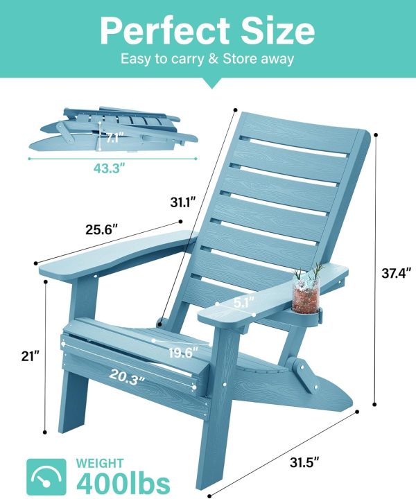 YEFU Folding Oversized Adirondack Chair: Heavy Duty Adirondack Chairs with Comfort Arc Backrest & Cup Holder - All Weather HIPS Plastic Fire Pit Chair for Outdoor Patio Lawn Garden Teak - Image 14