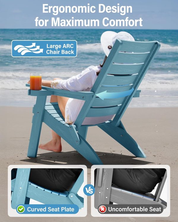 YEFU Folding Oversized Adirondack Chair: Heavy Duty Adirondack Chairs with Comfort Arc Backrest & Cup Holder - All Weather HIPS Plastic Fire Pit Chair for Outdoor Patio Lawn Garden Teak - Image 15