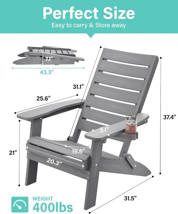 YEFU Folding Oversized Adirondack Chair: Heavy Duty Adirondack Chairs with Comfort Arc Backrest & Cup Holder - All Weather HIPS Plastic Fire Pit Chair for Outdoor Patio Lawn Garden Teak - Image 20