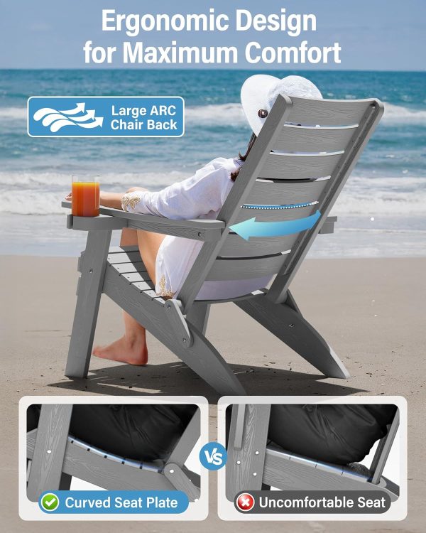 YEFU Folding Oversized Adirondack Chair: Heavy Duty Adirondack Chairs with Comfort Arc Backrest & Cup Holder - All Weather HIPS Plastic Fire Pit Chair for Outdoor Patio Lawn Garden Teak - Image 21