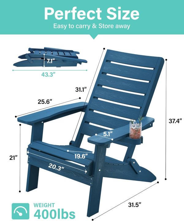 YEFU Folding Oversized Adirondack Chair: Heavy Duty Adirondack Chairs with Comfort Arc Backrest & Cup Holder - All Weather HIPS Plastic Fire Pit Chair for Outdoor Patio Lawn Garden Teak - Image 32
