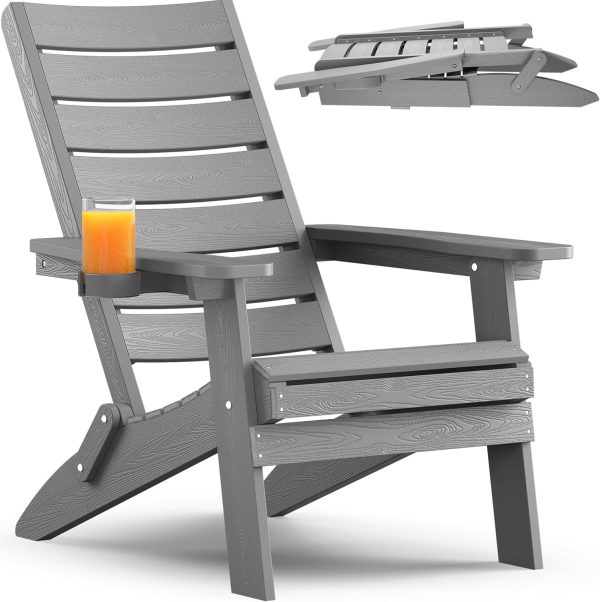 YEFU Folding Oversized Adirondack Chair: Heavy Duty Adirondack Chairs with Comfort Arc Backrest & Cup Holder - All Weather HIPS Plastic Fire Pit Chair for Outdoor Patio Lawn Garden Teak - Image 39