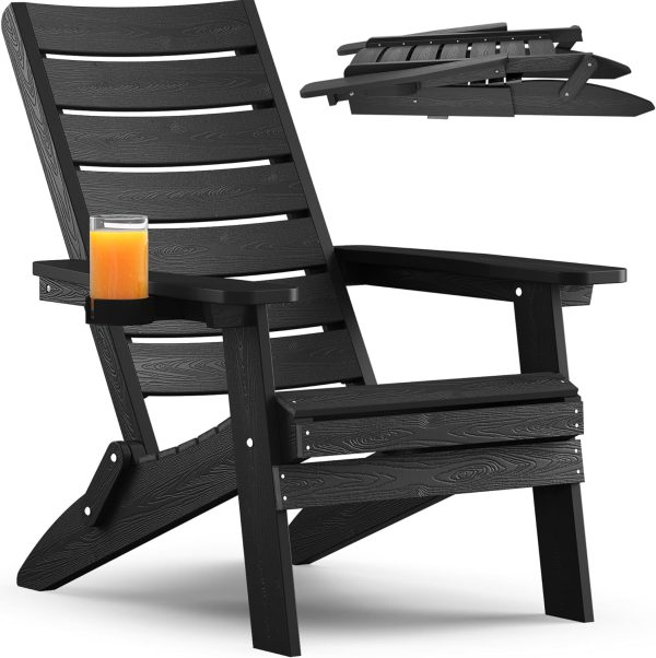 YEFU Folding Oversized Adirondack Chair: Heavy Duty Adirondack Chairs with Comfort Arc Backrest & Cup Holder - All Weather HIPS Plastic Fire Pit Chair for Outdoor Patio Lawn Garden Teak - Image 46