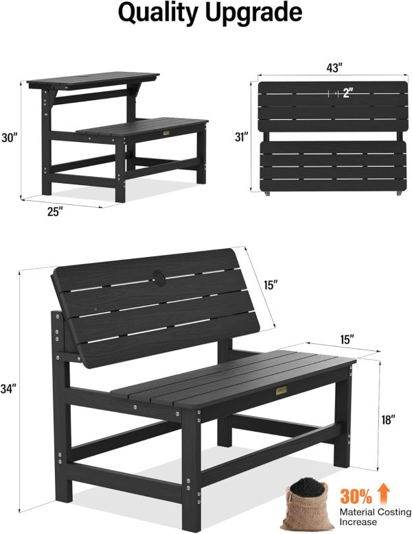 YEFU Convertible Bench Picnic Table: HIPS Convert a Bench with Umbrella Hole - Foldable Space-Saving Picnic Outdoor Benches for Outside Patio Porch Backyard Park Garden Black - Image 2