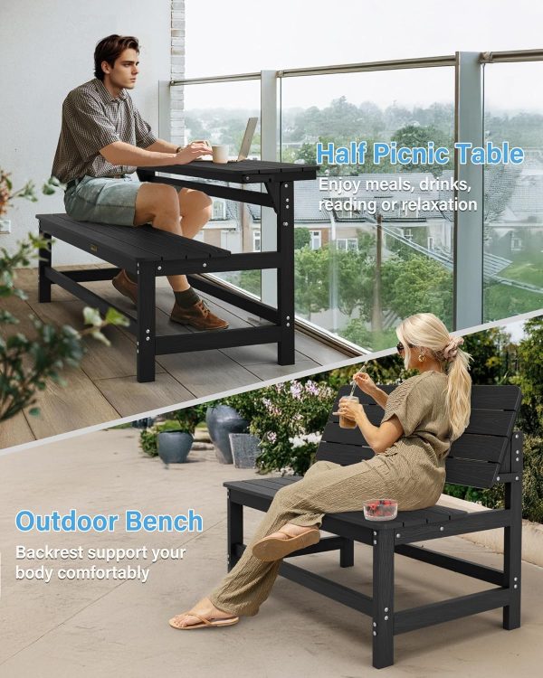 YEFU Convertible Bench Picnic Table: HIPS Convert a Bench with Umbrella Hole - Foldable Space-Saving Picnic Outdoor Benches for Outside Patio Porch Backyard Park Garden Black - Image 3