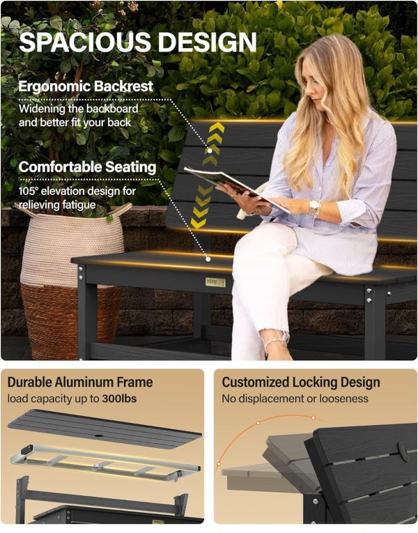 YEFU Convertible Bench Picnic Table: HIPS Convert a Bench with Umbrella Hole - Foldable Space-Saving Picnic Outdoor Benches for Outside Patio Porch Backyard Park Garden Black - Image 4