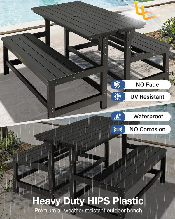 YEFU Convertible Bench Picnic Table: HIPS Convert a Bench with Umbrella Hole - Foldable Space-Saving Picnic Outdoor Benches for Outside Patio Porch Backyard Park Garden Black - Image 6
