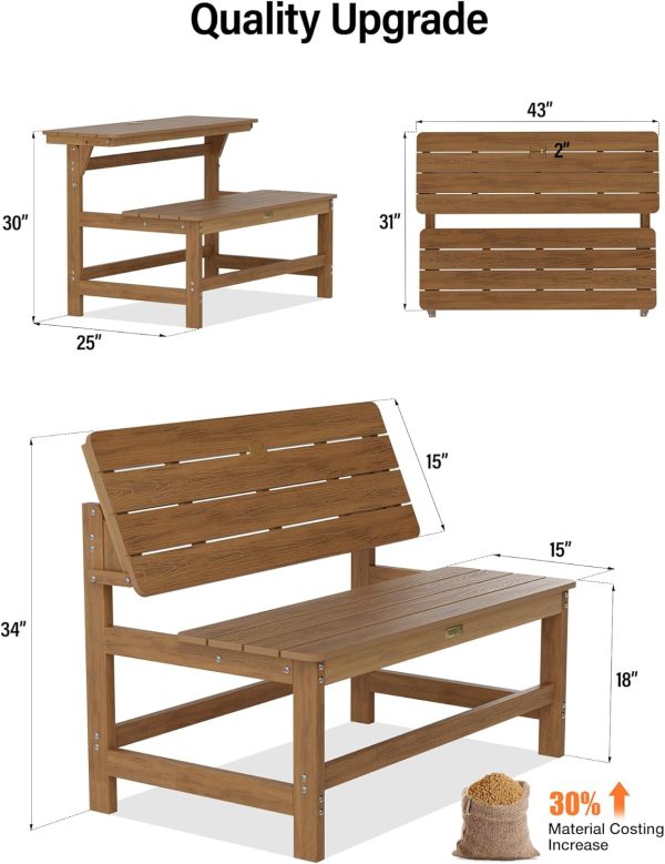 YEFU Convertible Bench Picnic Table: HIPS Convert a Bench with Umbrella Hole - Foldable Space-Saving Picnic Outdoor Benches for Outside Patio Porch Backyard Park Garden Black - Image 11