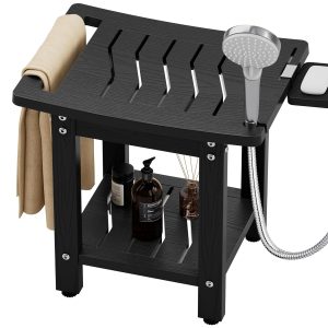 YEFU Shower Chair for Inside Shower: Waterproof/No Maintenance - Shower Stool with Shelf & Handle Weight 400 LBS - Use for Bathrooms/Outdoor - Non-Slip Easy Assemble Bench for Adult/Elderly/Black