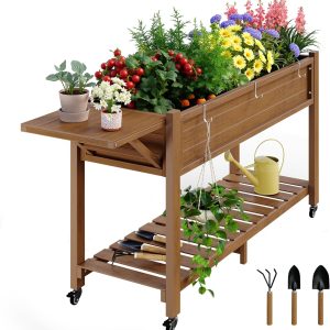 YEFU Raised Garden Bed with Legs: 57x18x30in Elevated Poly Planter with Wheels,Waterproof Mobile Raised Bed Garden, Elevated Planter Box Stand with Storage Shelf,for Herb,Carrot,Tomato, Pepper (Teak)