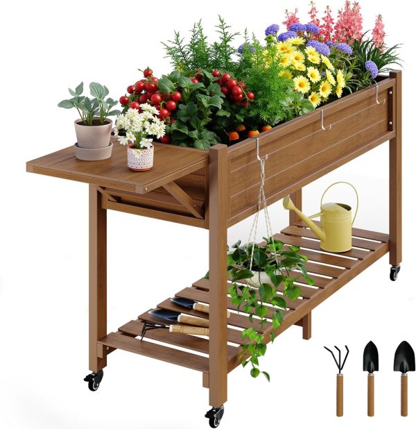 YEFU Raised Garden Bed with Legs: 57x18x30in Elevated Poly Planter with Wheels,Waterproof Mobile Raised Bed Garden, Elevated Planter Box Stand with Storage Shelf,for Herb,Carrot,Tomato, Pepper (Teak)