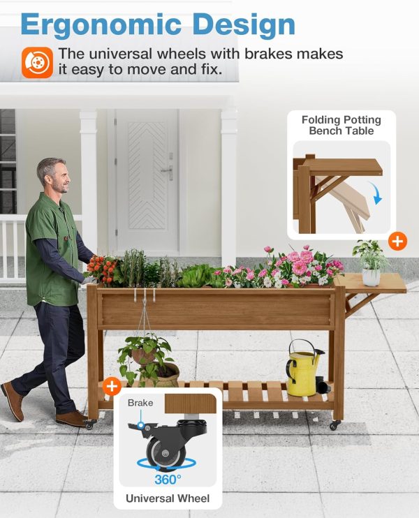 YEFU Raised Garden Bed with Legs: 57x18x30in Elevated Poly Planter with Wheels,Waterproof Mobile Raised Bed Garden, Elevated Planter Box Stand with Storage Shelf,for Herb,Carrot,Tomato, Pepper (Teak) - Image 2