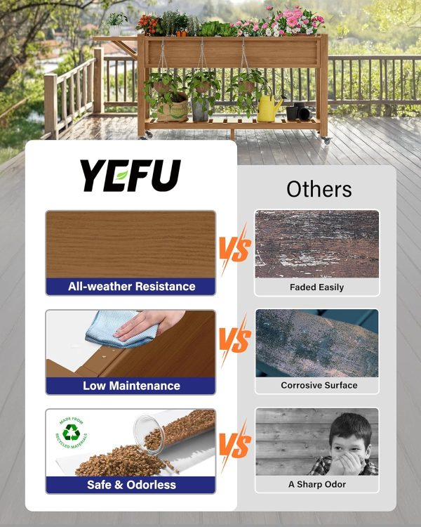 YEFU Raised Garden Bed with Legs: 57x18x30in Elevated Poly Planter with Wheels,Waterproof Mobile Raised Bed Garden, Elevated Planter Box Stand with Storage Shelf,for Herb,Carrot,Tomato, Pepper (Teak) - Image 3
