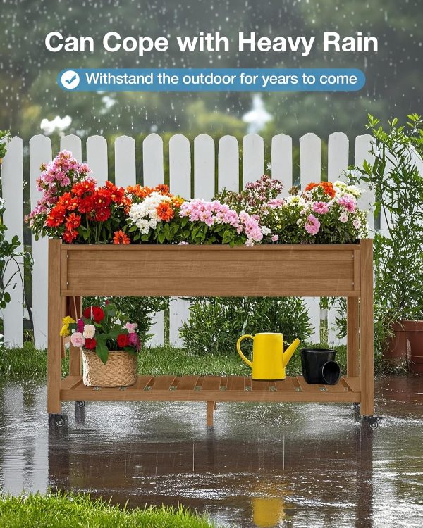 YEFU Raised Garden Bed with Legs: 57x18x30in Elevated Poly Planter with Wheels,Waterproof Mobile Raised Bed Garden, Elevated Planter Box Stand with Storage Shelf,for Herb,Carrot,Tomato, Pepper (Teak) - Image 4