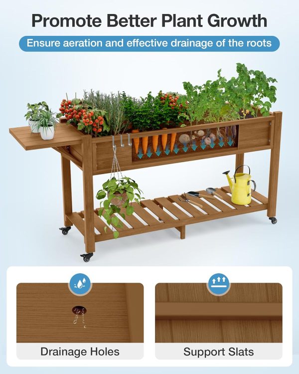YEFU Raised Garden Bed with Legs: 57x18x30in Elevated Poly Planter with Wheels,Waterproof Mobile Raised Bed Garden, Elevated Planter Box Stand with Storage Shelf,for Herb,Carrot,Tomato, Pepper (Teak) - Image 5