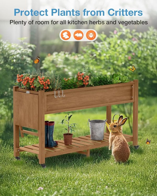 YEFU Raised Garden Bed with Legs: 57x18x30in Elevated Poly Planter with Wheels,Waterproof Mobile Raised Bed Garden, Elevated Planter Box Stand with Storage Shelf,for Herb,Carrot,Tomato, Pepper (Teak) - Image 6
