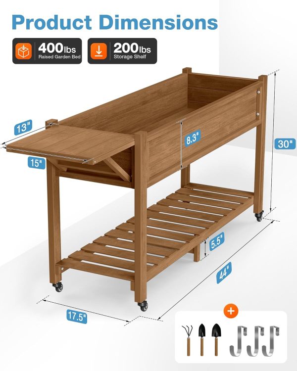 YEFU Raised Garden Bed with Legs: 57x18x30in Elevated Poly Planter with Wheels,Waterproof Mobile Raised Bed Garden, Elevated Planter Box Stand with Storage Shelf,for Herb,Carrot,Tomato, Pepper (Teak) - Image 7