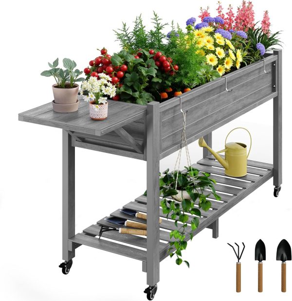 YEFU Raised Garden Bed with Legs: 57x18x30in Elevated Poly Planter with Wheels,Waterproof Mobile Raised Bed Garden, Elevated Planter Box Stand with Storage Shelf,for Herb,Carrot,Tomato, Pepper (Teak) - Image 8