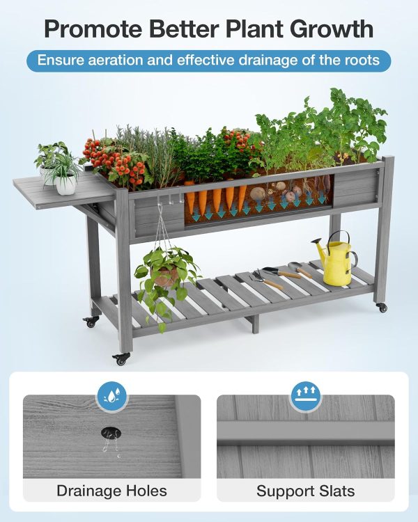 YEFU Raised Garden Bed with Legs: 57x18x30in Elevated Poly Planter with Wheels,Waterproof Mobile Raised Bed Garden, Elevated Planter Box Stand with Storage Shelf,for Herb,Carrot,Tomato, Pepper (Teak) - Image 12