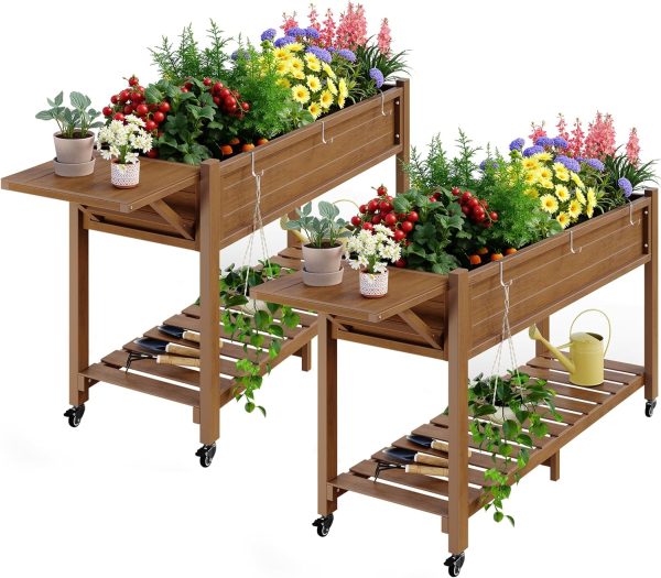 YEFU Raised Garden Bed with Legs: 57x18x30in Elevated Poly Planter with Wheels,Waterproof Mobile Raised Bed Garden, Elevated Planter Box Stand with Storage Shelf,for Herb,Carrot,Tomato, Pepper (Teak) - Image 16