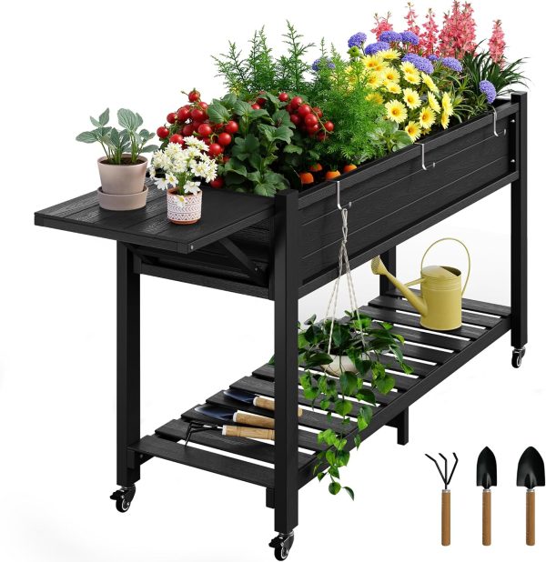 YEFU Raised Garden Bed with Legs: 57x18x30in Elevated Poly Planter with Wheels,Waterproof Mobile Raised Bed Garden, Elevated Planter Box Stand with Storage Shelf,for Herb,Carrot,Tomato, Pepper (Teak) - Image 19