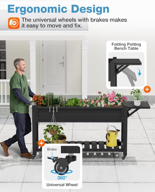 YEFU Raised Garden Bed with Legs: 57x18x30in Elevated Poly Planter with Wheels,Waterproof Mobile Raised Bed Garden, Elevated Planter Box Stand with Storage Shelf,for Herb,Carrot,Tomato, Pepper (Teak) - Image 20