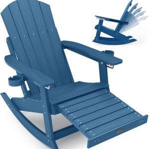 YEFU Adirondack Rocking Chair with Retractable Ottoman: 5-Level Adjustable High Back Outdoor Rocker Chairs with 2 Cup Holders Adirondack Patio Chair/Porch Rocking Chairs for Gardens/Lawn/Navy
