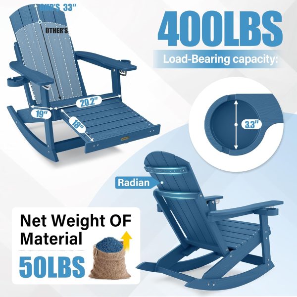 YEFU Adirondack Rocking Chair with Retractable Ottoman: 5-Level Adjustable High Back Outdoor Rocker Chairs with 2 Cup Holders Adirondack Patio Chair/Porch Rocking Chairs for Gardens/Lawn/Navy - Image 2