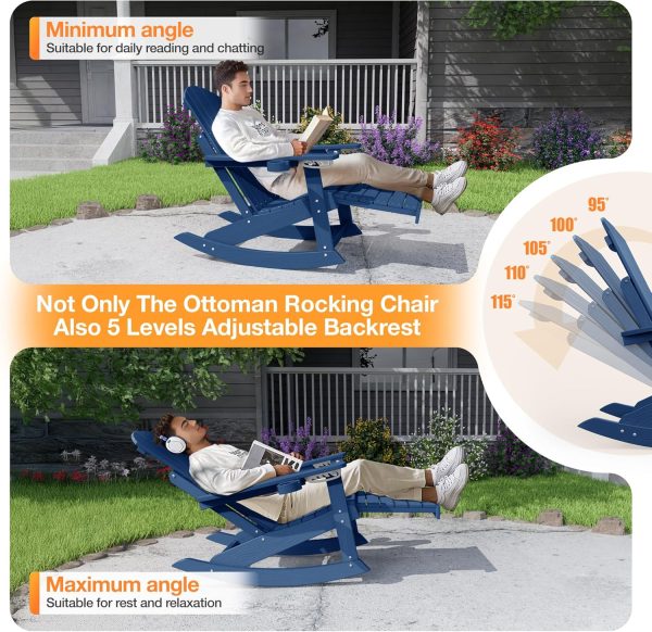 YEFU Adirondack Rocking Chair with Retractable Ottoman: 5-Level Adjustable High Back Outdoor Rocker Chairs with 2 Cup Holders Adirondack Patio Chair/Porch Rocking Chairs for Gardens/Lawn/Navy - Image 3