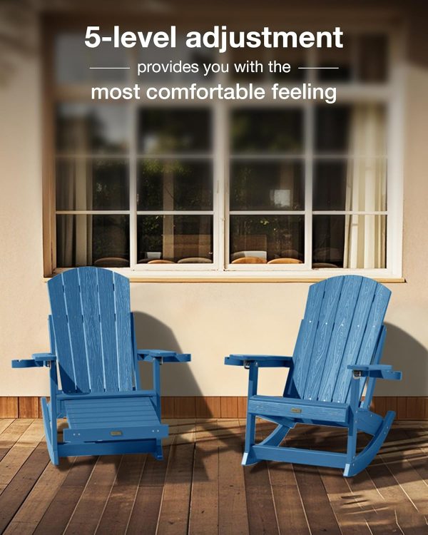 YEFU Adirondack Rocking Chair with Retractable Ottoman: 5-Level Adjustable High Back Outdoor Rocker Chairs with 2 Cup Holders Adirondack Patio Chair/Porch Rocking Chairs for Gardens/Lawn/Navy - Image 5
