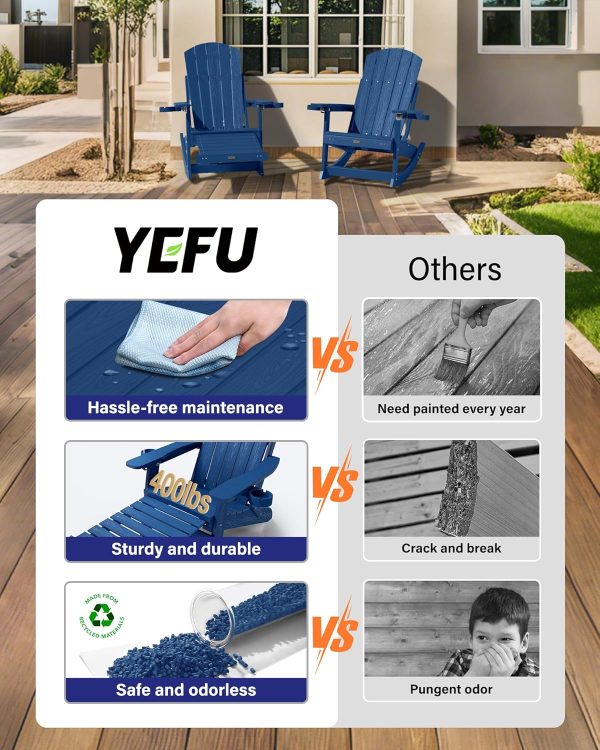 YEFU Adirondack Rocking Chair with Retractable Ottoman: 5-Level Adjustable High Back Outdoor Rocker Chairs with 2 Cup Holders Adirondack Patio Chair/Porch Rocking Chairs for Gardens/Lawn/Navy - Image 7