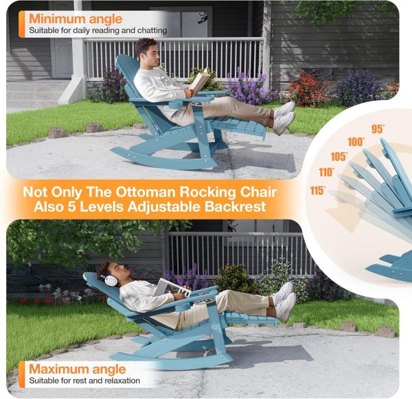 YEFU Adirondack Rocking Chair with Retractable Ottoman: 5-Level Adjustable High Back Outdoor Rocker Chairs with 2 Cup Holders Adirondack Patio Chair/Porch Rocking Chairs for Gardens/Lawn/Navy - Image 10