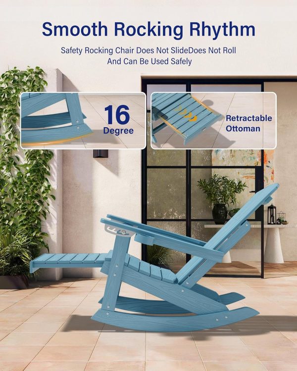 YEFU Adirondack Rocking Chair with Retractable Ottoman: 5-Level Adjustable High Back Outdoor Rocker Chairs with 2 Cup Holders Adirondack Patio Chair/Porch Rocking Chairs for Gardens/Lawn/Navy - Image 11